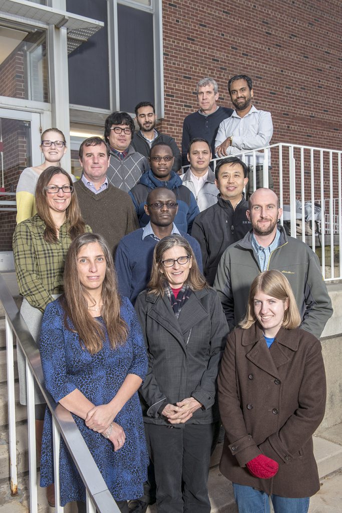 Members of the Stormwater & Mosquito Control team include (from left): First row: Carla Caceres, Marilyn O'Hara Ruiz, Allison Gardner Second row: Allison Hansen, Ephantus Muturi, Brian Allan Third row: Derek Wildman, Elijah Juma, Shaowen Wang Fourth row: Catherine Wangen, Do Hyup Kim, Surendra Karki Fifth row: Aiman Soliman, Andrew Mackay, Anand Padmanabhan