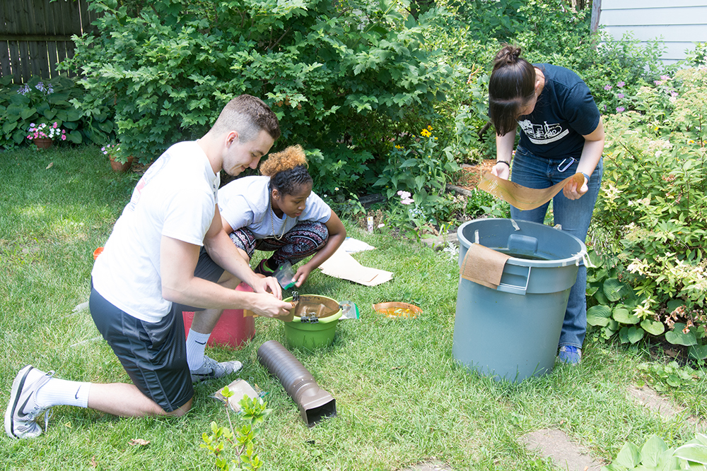 In the middle of a green lawn, Allison (standing) and two undergraduate students (kneeling) look at damp brown papers removed from test containers to see if there are any mosquito eggs on them.